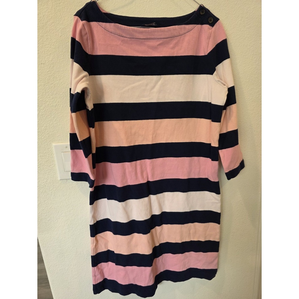 VTG Lands End BoatNeckDress Sz M 10/12 NavyPinkStripe Coastal Luxury 100% Cotton - Picture 2 of 6